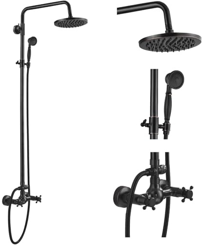 gotonovo Exposed Bathroom Shower Faucet Set Shower Fixture 8 Inch Rainfall Shower Head Handheld Shower Cross Handle Wall Mount 2 Functions Oil Rubbed Bronze