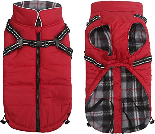 Pethiy Abrigo Invierno Perro con Arnes,Abrigo Impermeable para Perros, 2 en 1 Abrigo Arnés para Perro Pequeño,Reflejo Chaqueta para Perros con Forro Franela cálido -Rojo-M