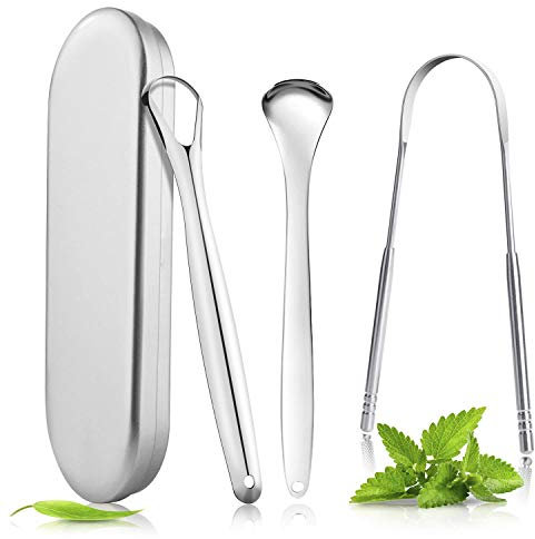 BOENFU Zungenreiniger Edelstahl, 3 Stück Zungenschaber Set, Silber Tongue Scraper für Erwachsene Mundpflege Cleaner, Gegen Mundgeruch Heilt Schlechten Atem