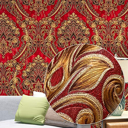 9,5 x 0,53 m Retro Vintage Gold Damast Wasserdicht Tief geprägte strukturierte PVC-Tapete Rolle für Schlafzimmer Wohnzimmer 5,035 m² (rot)