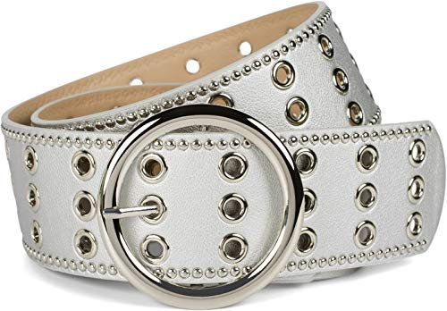 styleBREAKER Damen breiter Gürtel mit Lochnieten und runder Schließe, Nietengürtel, Taillengürtel, kürzbar 03010122, Farbe:Silber, Größe:90cm