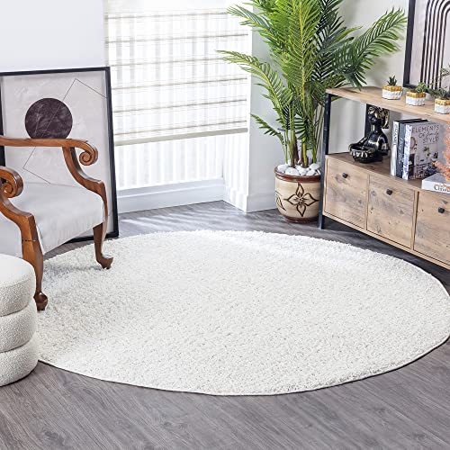 Surya Home Shaggy Berber Teppich - Flauschiger Teppich für Wohnzimmer, Esszimmer, Schlafzimmer, Langflor Hochflor Teppich flauschig - Teppich groß 160 cm Rund, Wohnzimmerteppich in Weiß