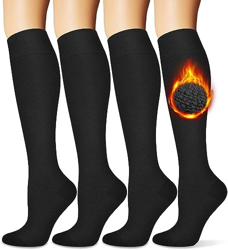 Warm Knee High Thermal Boot Socks for Women - 4 Pairs, Cushioned Thick Socks for Cold Weather, Athletic, Hiking, Gifts, Black