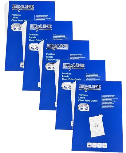 Hd-line Adressetiketten 5 Packungen, 100 Blatt, 70 x 37 mm, 12000 Stück, Selbstklebend, bedruckbar, matt, blanko Papier Adressaufkleber Etiketten, Universal, 24 pro A4 Bogen, weiß