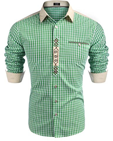 COOFANDY Camisa a cuadros para hombre, manga larga, Oktoberfest, camisa de ocio, camisa a cuadros para hombre, camisa con cuello Kent de algodón, verde, M