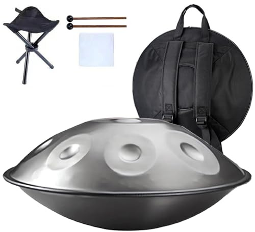 56 Cm Handpan Drum, 9/10/12-Noten Handpan-Drum-Instrument D-Moll 432 Hz/440 Hz Stahl Handtrommel Mit Ständer Für Anfänger, Profis, Musiktherapie(Silber,10 Notes(440HZ))