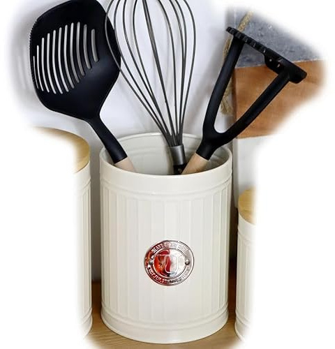 Darthome Roman Pillar Utensil Holder Cream Metal Retro Kitchen Cutlery Storage Pot Caddy