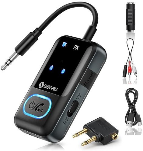 SONRU Bluetooth 5.3 Transmitter Receiver, 2-in-1 Airplane Wireless Bluetooth with LED Display, Double Connection Receiver 3.5mm Aux Audio Adapter with RCA Cable, for Flight/TV/PC/Car/Gym