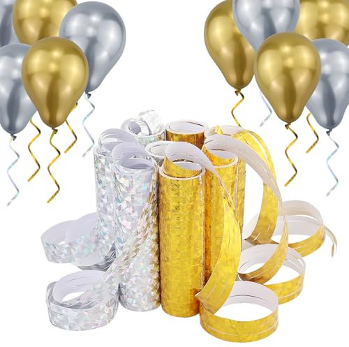 8 stelle filanti metallizzate, oro e argento, stelle filanti, decorazioni per feste di Capodanno, 8 rotoli con 18 stelle filanti scintillanti per compleanno e 10 palloncini metallizzati