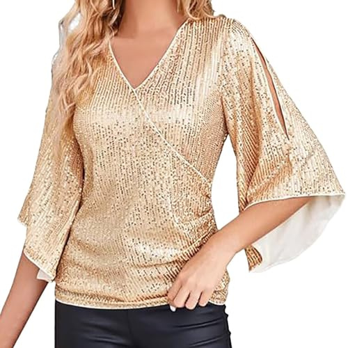 S Blouse Short Women's Sequin Tops 3/4 Sleeve Glitter Sparkling Blouse V-Neck Elegant Tops for Evening Party Blouse Women's Batwing Sleeve, gold, S