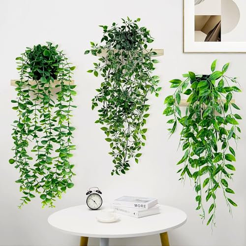 Favuit Künstliche Hängepflanzen mit Töpfen, 3 Stück Künstliche Pflanzen Hängend Kunstpflanze Eukalyptus Blätter 65cm Lang Wartungsfreie Künstliche Pflanzen Rebe für Büro Garten Party Wanddekoration