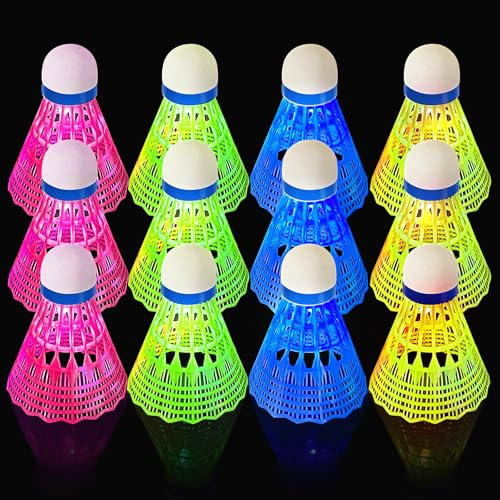 Lot de 12 volants de badminton à LED, 4 couleurs de lumière LED, volants lumineux pour la nuit, badminton, lumières LED, badminton, volants de badminton, volants de badminton, volants LED pour