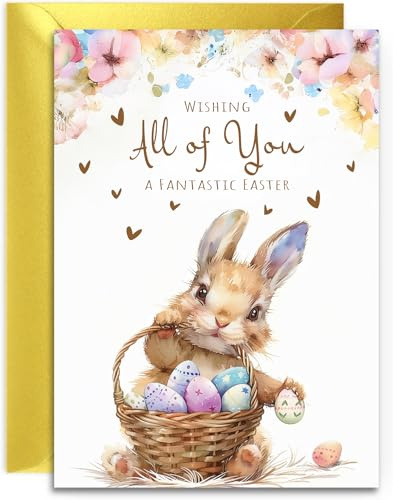 To All of You Easter Card - Bunny with Easter Eggs Design - A5 Size with Gold Envelope