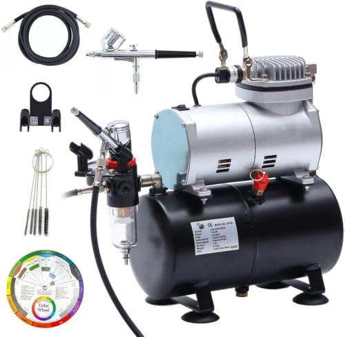 PORIYA Airbrush Compressor with 3L Air Tank Dual Action Paint Airbrush Spray Gun Nail Set with 1.8m Connector Hose(AS186)