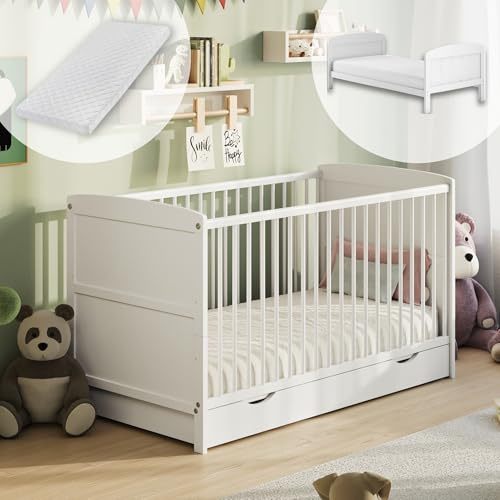 Babybett 70x140 mit Schublade, Gitterbett, Kinderbett, höhenverstellbar & herausnehmbare Sprossen mit Matratze | weitere Größen: 60x120cm | 70x140cm: von Geburt bis 6. Lebensjahr, Weiß
