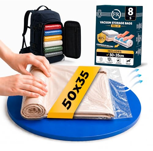 FiRiO Sacchetti Sottovuoto Vestiti Viaggio (Arrotolare) I 8 PEZZI I Taglia S: 50x35cm I Buste Sottovuoto Vestiti da Viaggio I Sacco Senza Valvola I Sacchi Sottovuoto da Viaggio per Valigia e Zaino