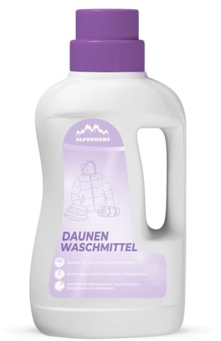 ALPENWERT Daunenwaschmittel 1L - Spezialwaschmittel für Daunenjacken, Bettdecken, Schlafsäcke & Kissen - sanftes Waschmittel für fasertiefe Reinigung & Pflege mit frischem Duft - Made in Germany