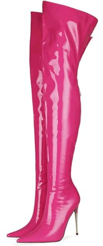 Rose,39,Bottes Hautes au-Dessus du Genou pour Femmes, Bottes Longues à Talons Aiguilles en Cuir Verni Tendance, Bottes Cuissardes Sexy à Bout Pointu et Fermeture éclair pour fête