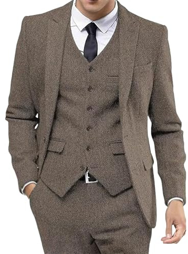 Herr Tweed Fiskbensmönstrad Bröllopskostym Balklänning 3-delad Klänning med Spetsiga Slag Retro Brudgums Smoking Set Kavaj Kavaj Väst Byxor