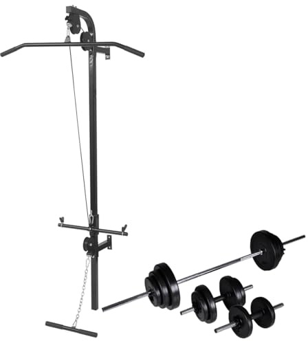 Gecheer Wall-Mounted Power Tower with Lat Pull-Down & Pull-Up Bars - Supports up to 120 kg - Easy Assembly - Barbell & Dumbbell Set Included Model275358