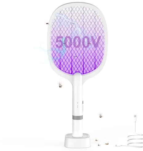 Racchetta Zanzare Elettrica 5000V, Scacciamosche Elettrico Ricaricabile 2000mAh, 2 in 1 con Luce UV, Base di Ricarica USB-C, per Uso Interno ed Esterno（1 Pezzo）