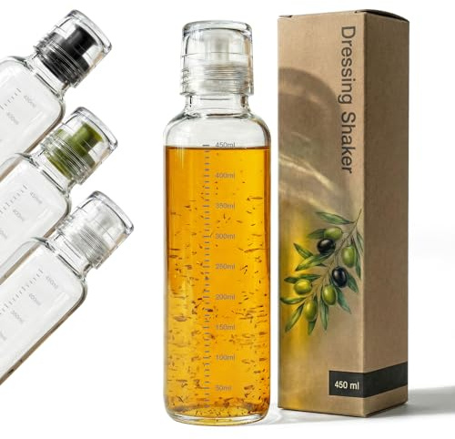 Greymount Dressingshaker av glas med skala 450 ml | Dressing-behållare med droppfri pip, diskmaskinssäker | för salladsdressingar, marinader och såser (vit, borosilikatglas)