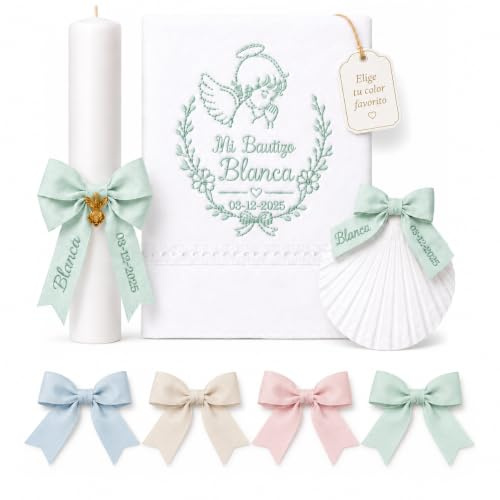 Kit de Bautizo Personalizado | Vela Artesanal con Lazo, Pañuelo Bordado y Concha Bautismal | Pack Premium con Vela Bautismo,Toalla de Bautismo Bordada, Concha Marina