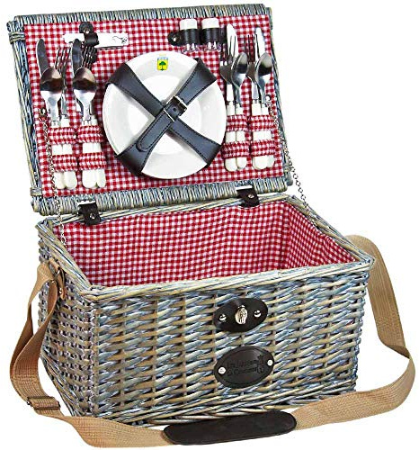 Les Jardins de la Comtesse - Panier de Picnic Sully en Osier Gris - Complet pour 4 Personnes - Assiettes Céramique/Verres à Vin - Tissu Vichy Rouge - 40 x 28 x 20 cm