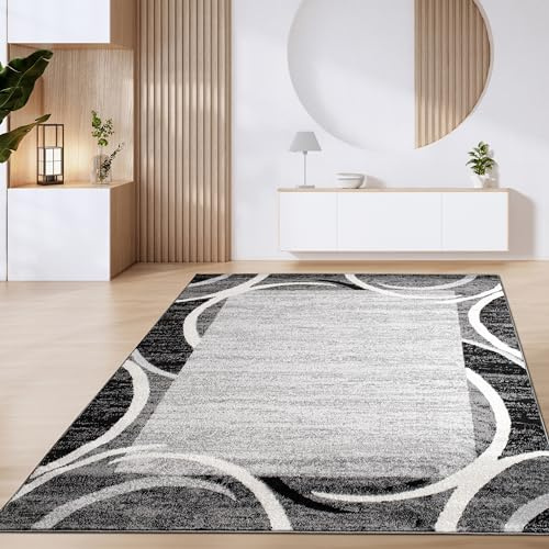 Paco Home Teppich Wohnzimmer Kurzflor Marokkanische Kreis Und Bordüren Muster Modern, Grösse:200x280 cm, Farbe:Grau 5