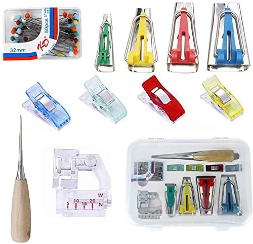 AKORD Fabric Bias Tape Makers Kit with Sewing Awl, Bead Needles, Adjustable Binder Clip, Foot Press
