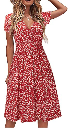 STYLEWORD Robe d'été à manches courtes pour femme Robe d'été à col en V Floral Wrap Taille Robe décontractée avec poches(floral19,M)
