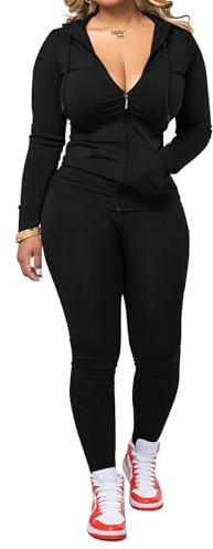 PINSV Women Two Piece Outfits Workout Sets Bodycon Tracksuit Long Sleeve Zip Up Hoodie Jacket Jogger Matching Sweat Pants Set Black L