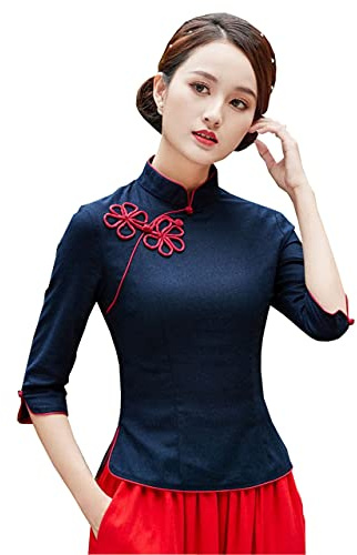 YLfly Mandarin Collar Chinese Tang Shirt Qipao Tops Traditional Blouse Women's Simple Solid (Navy,6)