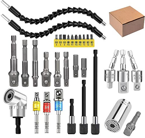 32pcs Flexible Drill Bit Extension Set, Rotatable Joint Socket 1/4 3/8 1/2 Inch Hex Socket Adapter, 105°Right Angle Drill Attachmen, Bendable Drill Bit Extension Screwdriver Kit with a Box (Silvery)