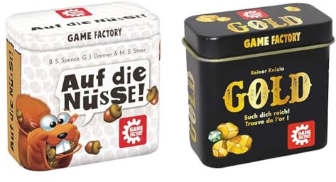 Game Factory 646273 Auf die Nüsse, das knackige Würfelspiel & 646252 Gold, Mini-Kartenspiel in handlicher Metalldose, ab 6 Jahren, ideal als Reisespiel oder Geschenk, für 2 bis 5 Spieler