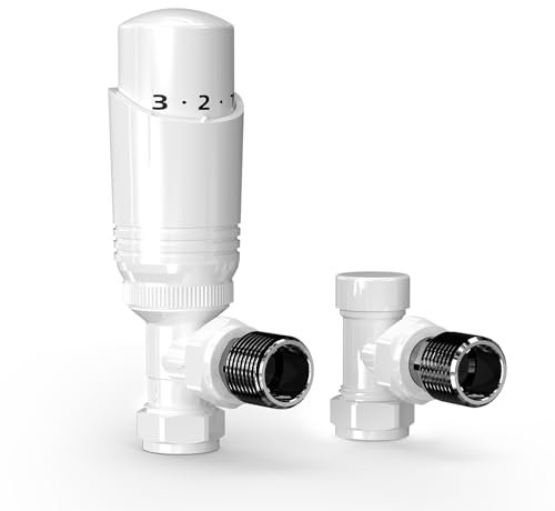 VANCOCO Glossy White Thermostatic Radiator Valves 15mm (TRV) with Lockshield, 1/2×15mm Angled Radiator Thermostat Valve, H62 Brass, Energy Saving Modern TRV for Central Heating Syetem