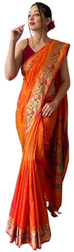 SGF11 Women's Kanjivaram Soft Silk Saree With Blouse Piece (Orange) 6.3metres