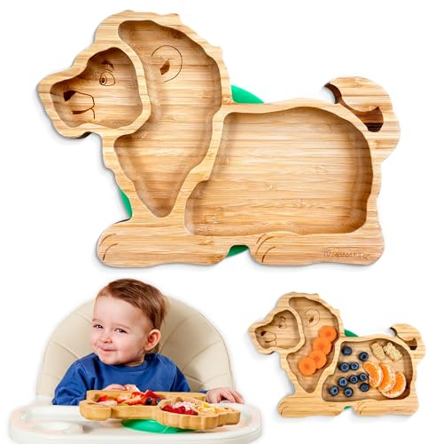 BamBamKidz Bamboo Divided Suction Plate Baby - Strong Suction Toddler Plates - Non-Toxic All Natural Eco Friendly Materials - Lion