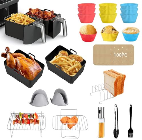 Accessoires pour Friteuse à Air 7,6-9,5 L, 23PCS Accessoires Air Fryer pour Ninja Foodi Dual Zone AF300EU/AF400EU/AF500EU/Tower T17088, Friteuse à Air avec Moule Silicone, Spray Huile Cuisine