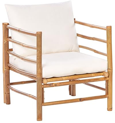 Beliani Sillón de jardín de Madera Clara de bambú Muebles de Interior Exterior Acolchado con Cojines Blanco Crema Cerreto