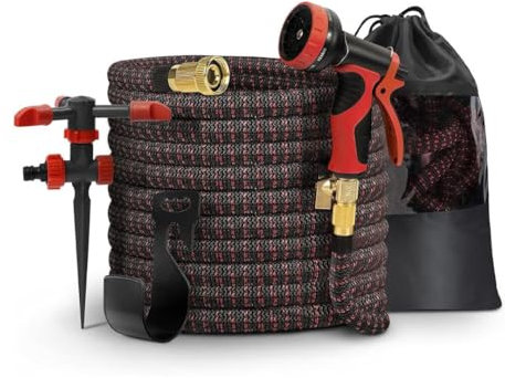 Dwellton - 100 FT Expandable Garden Hose - Lightweight, High-Pressure Flexible Water Hose with 10-Function Spray Gun, Leak-Proof Design, Easy Storage & Free Carry Bag (Red)