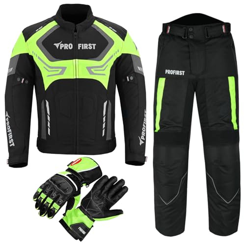 Motorcycle suits for men 2 piece Motorcycle Waterproof Cordura Fabric Suit Motorbike Jacket Trouser & Gloves Fully Protective Clothing Set for Riders - All Weather (Green, L)