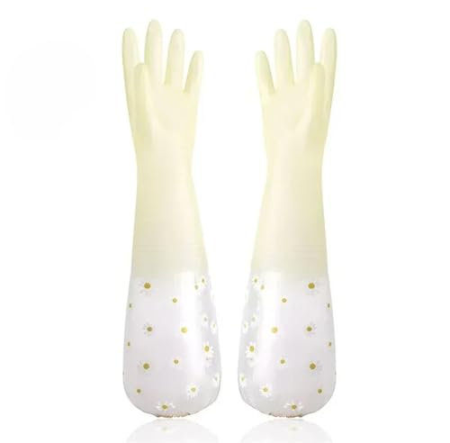 WENYOG Guante de Goma 5 Pares de Guantes Largos for Lavar Platos con cordón for el hogar, Impermeables, de Goma, Reutilizables, con Guante de Limpieza con Flores(Yellow)