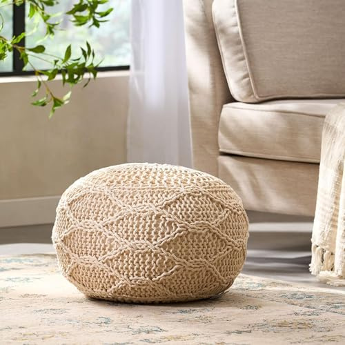 HyorecyTech Knitted Cotton Round Pouf - 20x20, Modern Design, Soft Cotton, No Assembly, Porch Ottoman for Living Room, Gray, Ivory (Pouf - Ivory)
