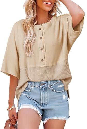 Dokotoo Womens Oversized Waffle Knit Tops 2026 Fashion Crewneck 3/4 Bell Sleeve Button Down Tops Fashion Solid Color Work Splicing Business Blouse Apricot Large