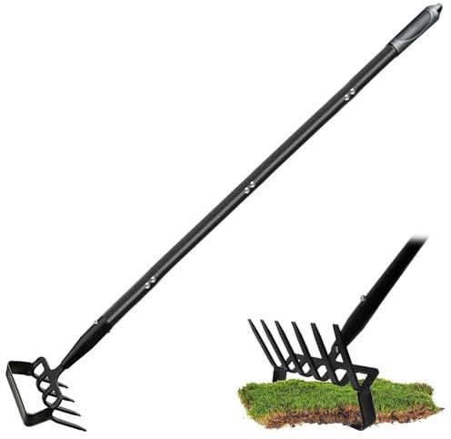 Allround-hjälpare, trädgårdshacka, 2-i-1 trädgårdshacka med rack, 170 cm stigbygel, hacka och 4-tand spike racka, trädgårdskrok för ogräs, trädgårdsverktyghacka för ogräs/lossa mark