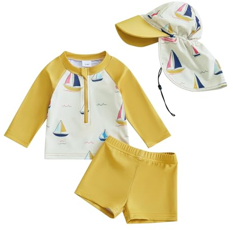 XIXIMAON 1-6 Years Boys Rash Guard Sets Sailboat Print Long Sleeve Zipper Swim Shirt Shorts Hat Set 3pcs Baby Boy Swimsuit Toddler Boy Bathing Suit Beachwear (Yellow, 18-24 Months)