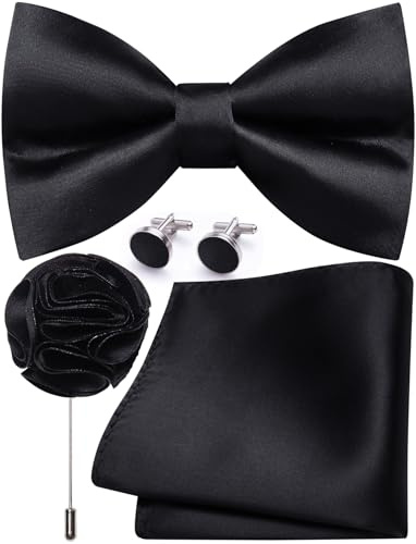 Ailisus Black Bow Ties for Men Pre-tied Silk Bowtie and Pocket Square Cufflinks Lapel Pin Set Tuxedo Wedding Party 4PCS