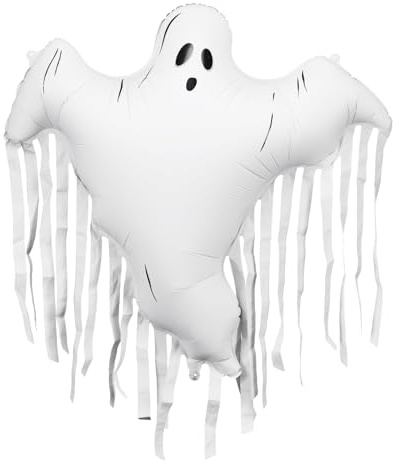 Globo fantasma con flecos de color crema y elementos negros, aprox. 93 x 86 cm, inflado para aire y helio, reutilizable, incluye pajita, decoración de Halloween, gran fiesta de globo de fantasma