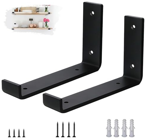 VTOPVMAX Scaffold Board Shelf Brackets 2 Pack - 5mm Thick Steel Heavy Duty Shelf Supports with Lips for 8 x 4 Inch (20cm x 10cm), Industrial Rustic Black Wall Shelf Brackets Kit